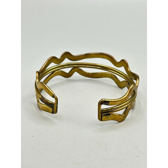 Brutalist Brass Wave Cuff Bracelet Irregular Hollow Handcrafted 70s Jewelry - Picture 5 of 9
